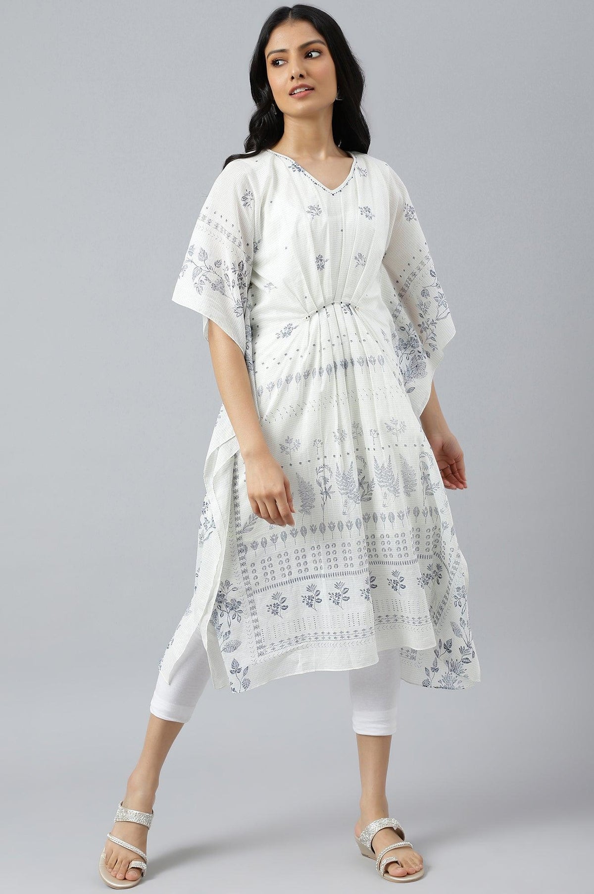 Ecru Floral Printed Flared Kaftan - XS