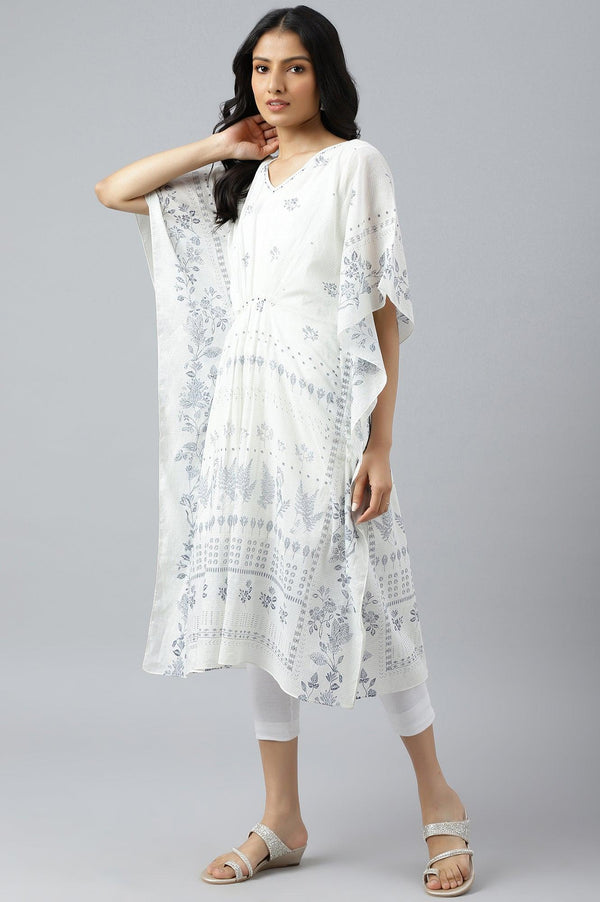 Ecru Floral Printed Flared Kaftan