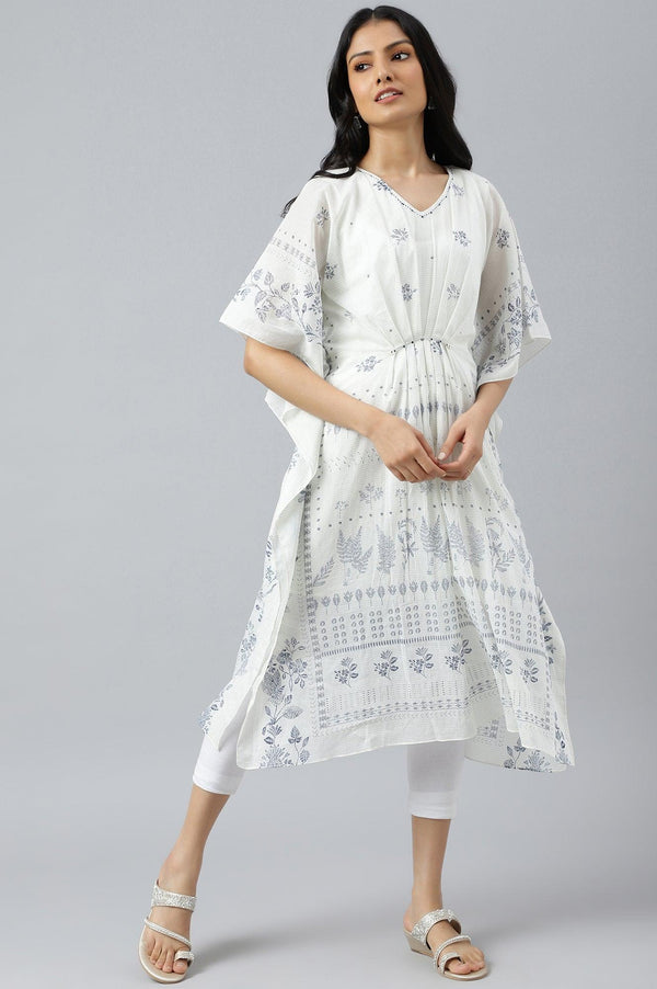 Ecru Floral Printed Flared Kaftan