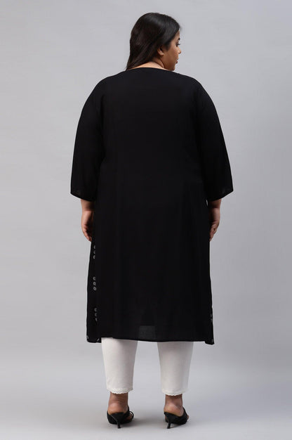 Plus Size Black Floral Side Pleated kurta In Round Neck - wforwoman