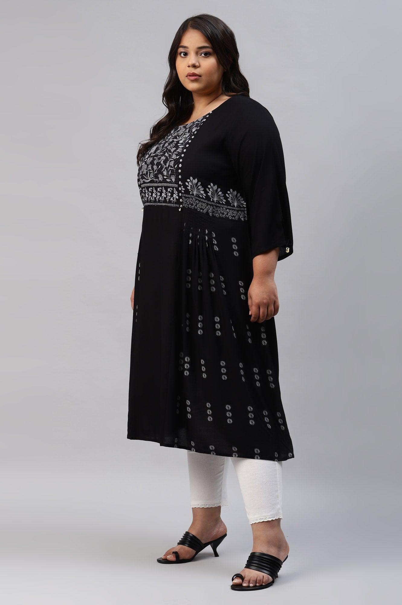 Plus Size Black Floral Side Pleated kurta In Round Neck - wforwoman
