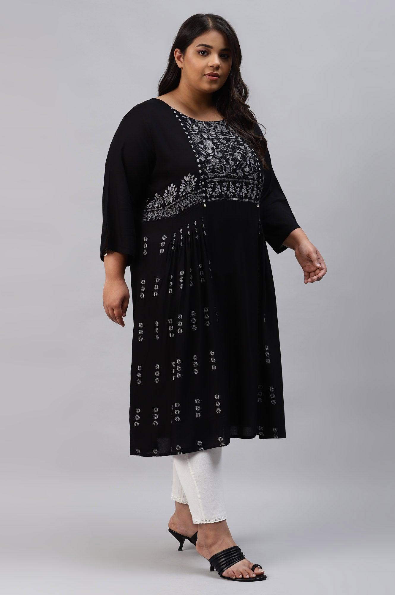 Plus Size Black Floral Side Pleated kurta In Round Neck - wforwoman
