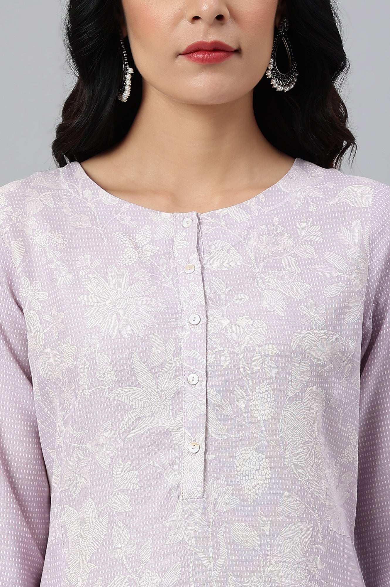 Light Purple Floral Printed Lace Rayon A-Line Kurta and Parallel Pant Set