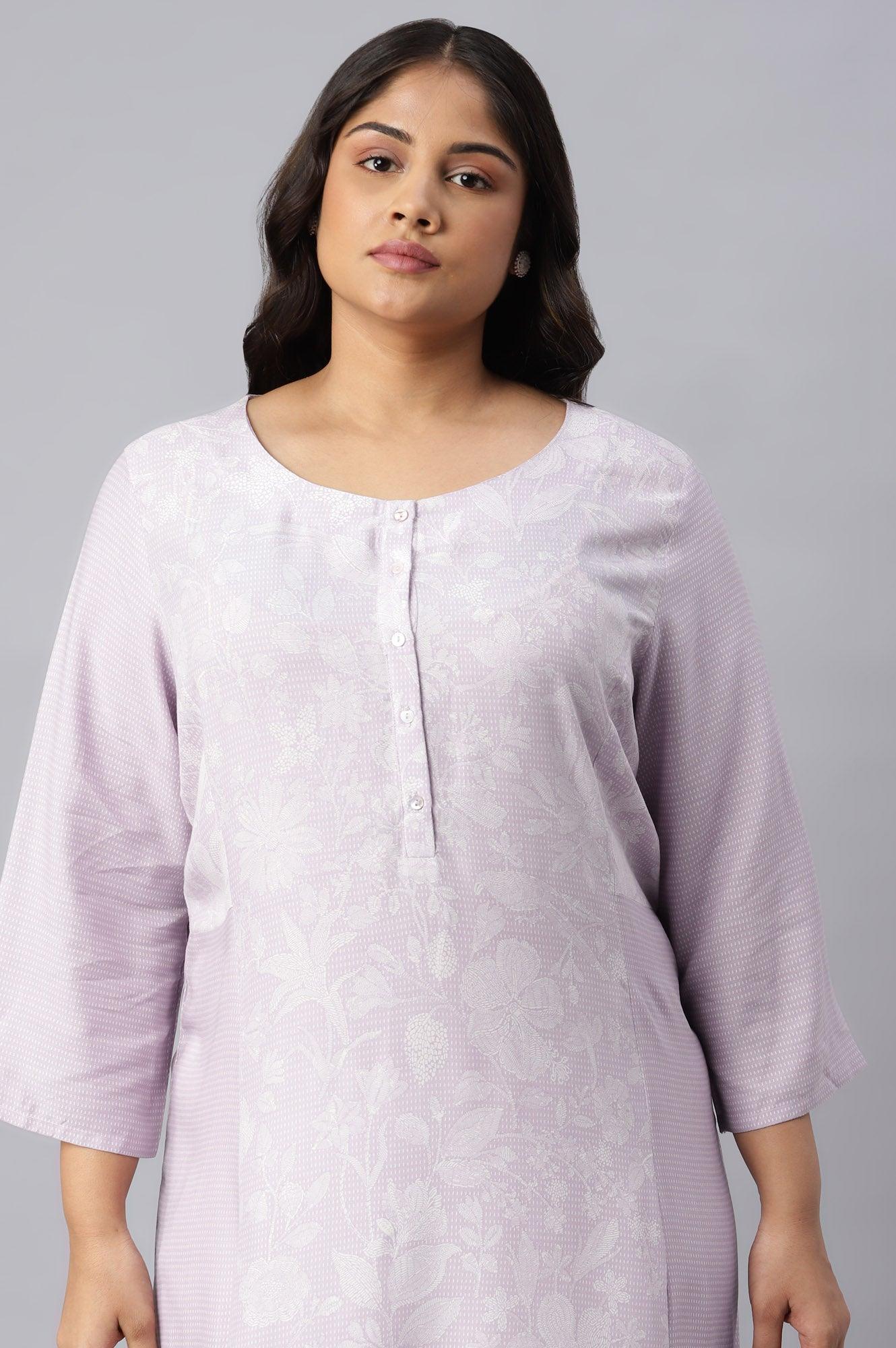 Plus Size Blue Floral Printed Half Placket kurta - wforwoman