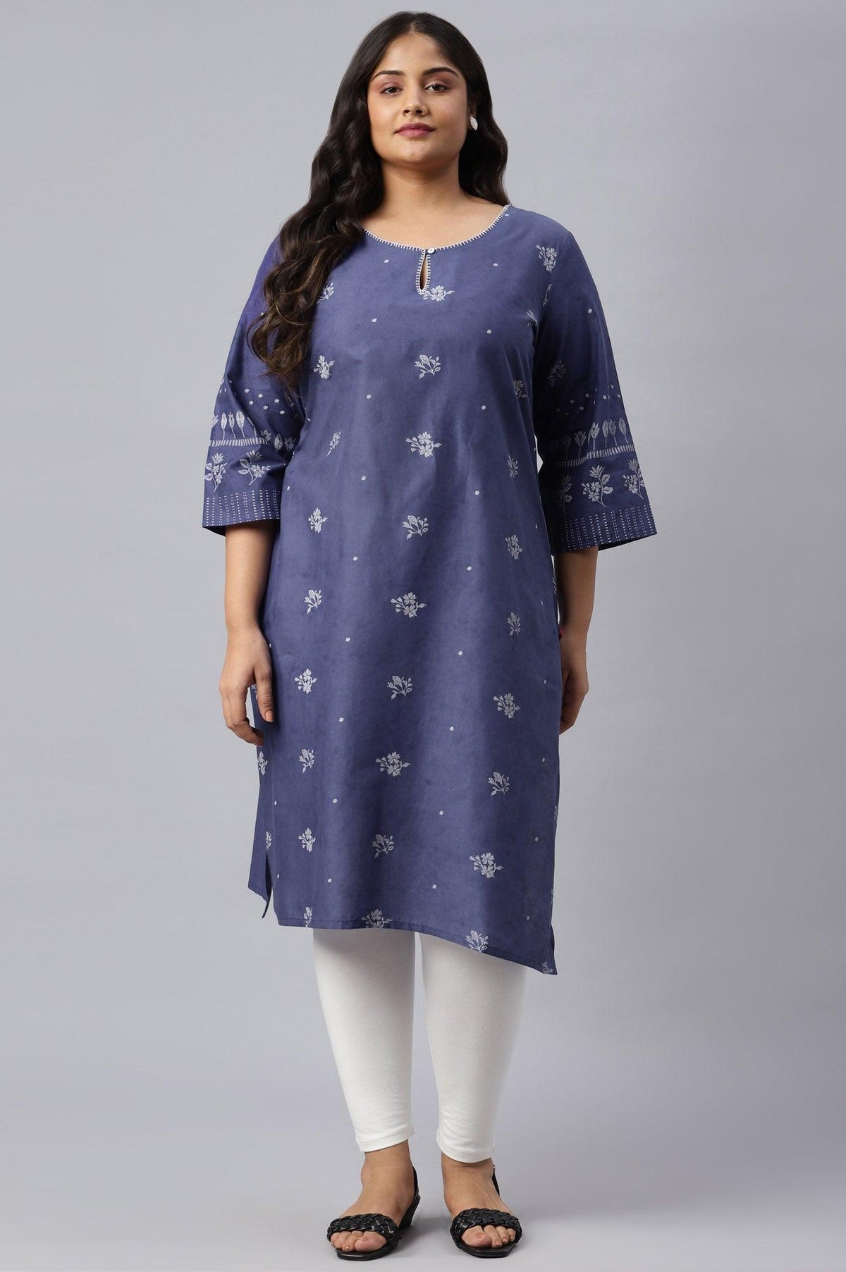 Plus Size Blue Floral Print kurta With Embroidered Neck - 20