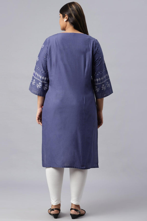 Plus Size Blue Floral Print kurta With Embroidered Neck