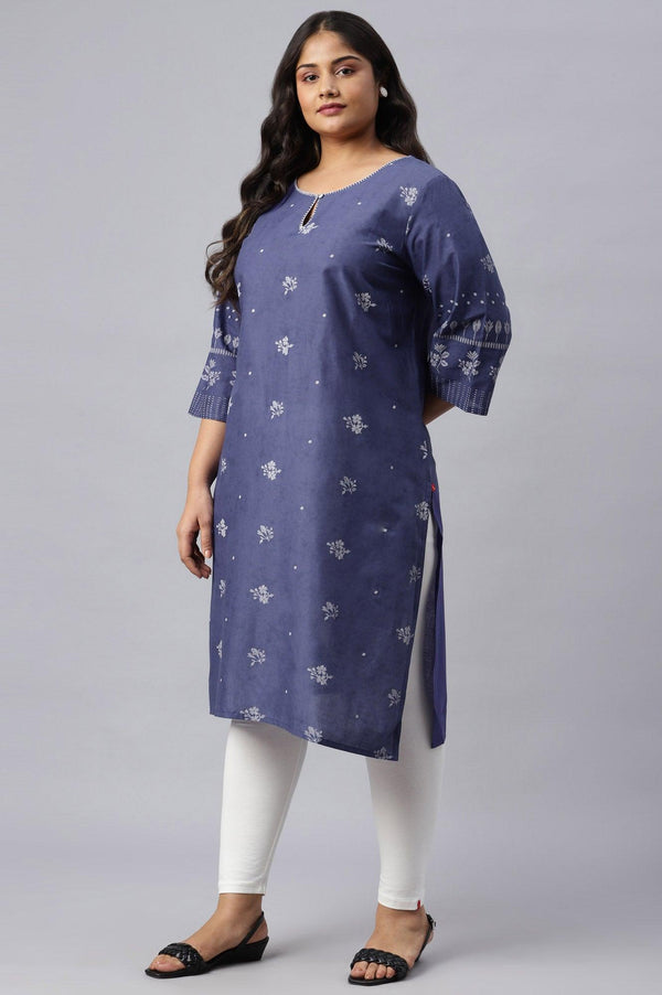 Plus Size Blue Floral Print kurta With Embroidered Neck