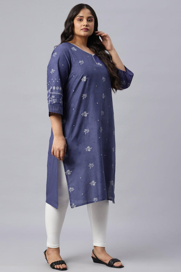 Plus Size Blue Floral Print kurta With Embroidered Neck