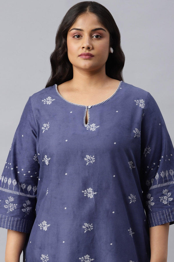 Plus Size Blue Floral Print kurta With Embroidered Neck
