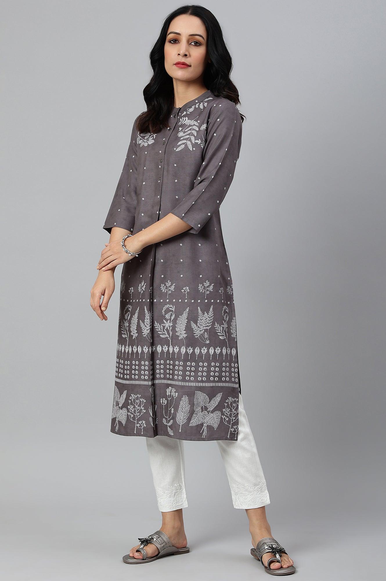Tornado Grey Printed kurta In Half Placket - wforwoman