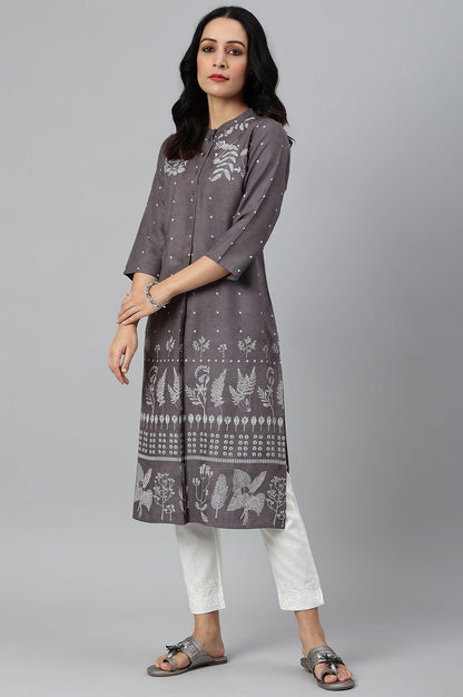 Tornado Grey Printed kurta In Half Placket - wforwoman