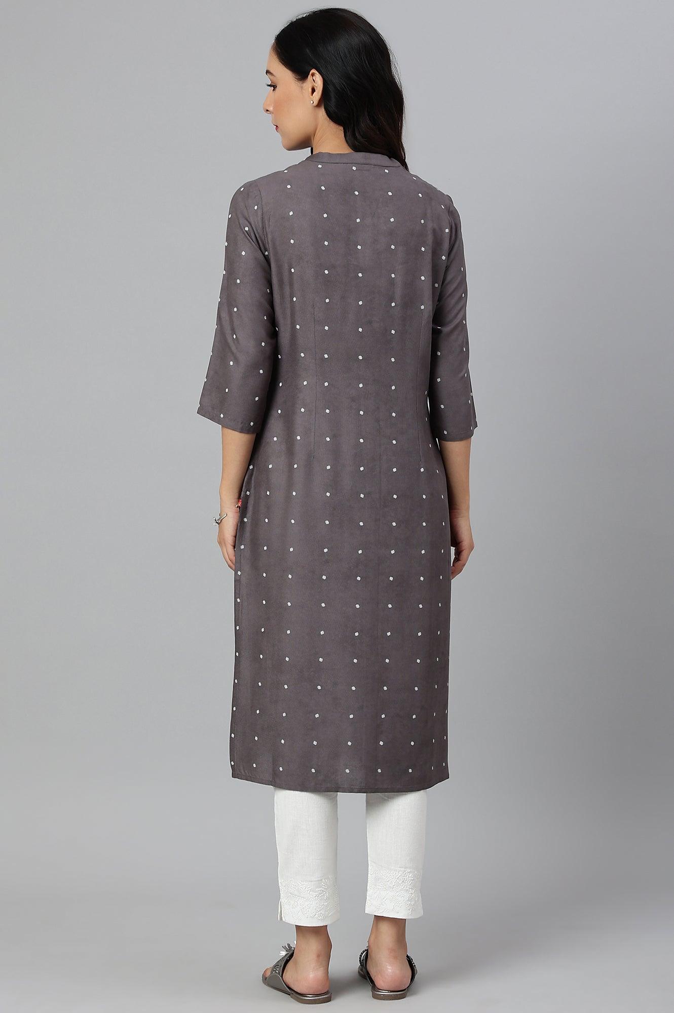 Tornado Grey Printed kurta In Half Placket - wforwoman