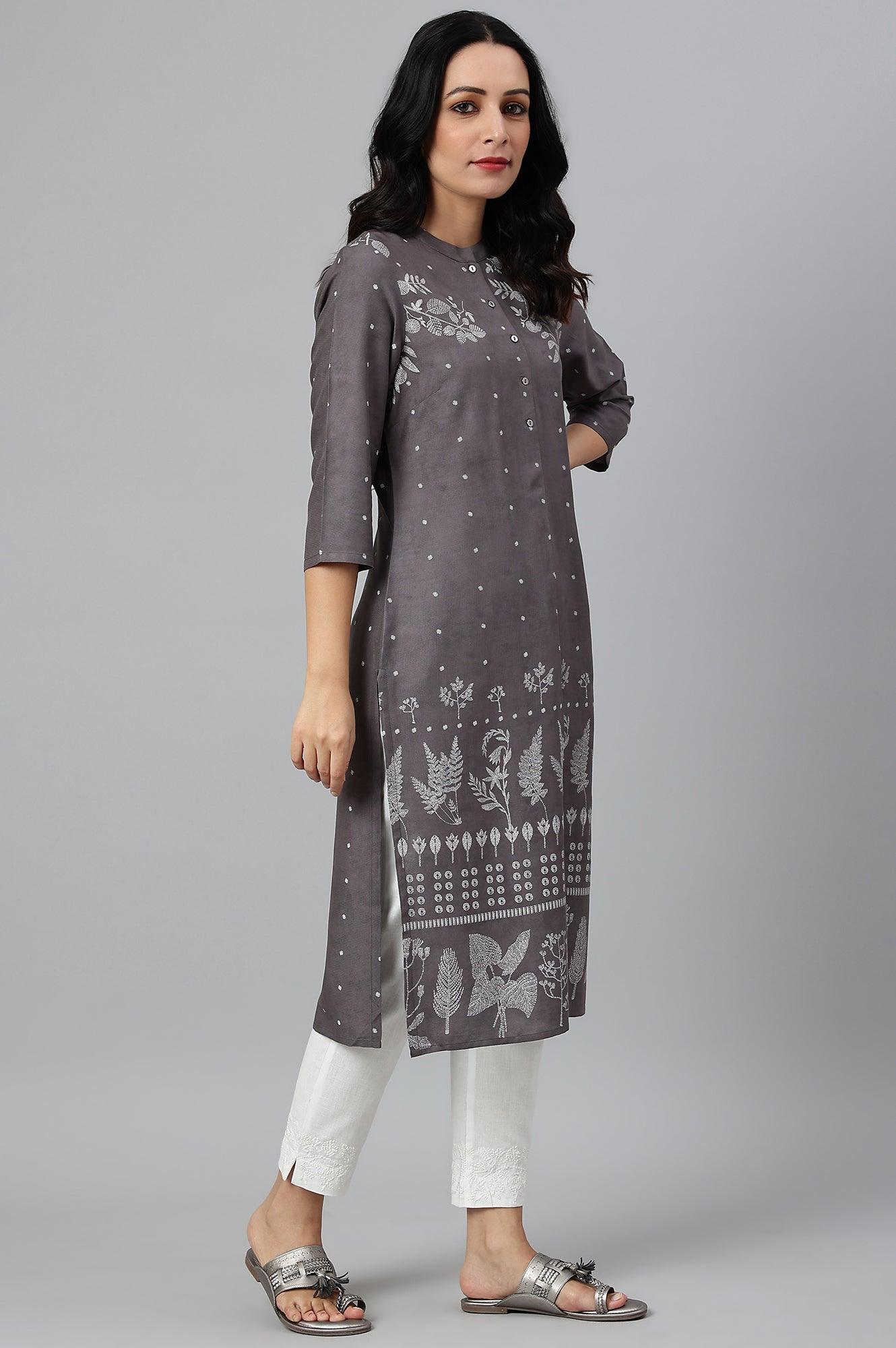 Tornado Grey Printed kurta In Half Placket - wforwoman