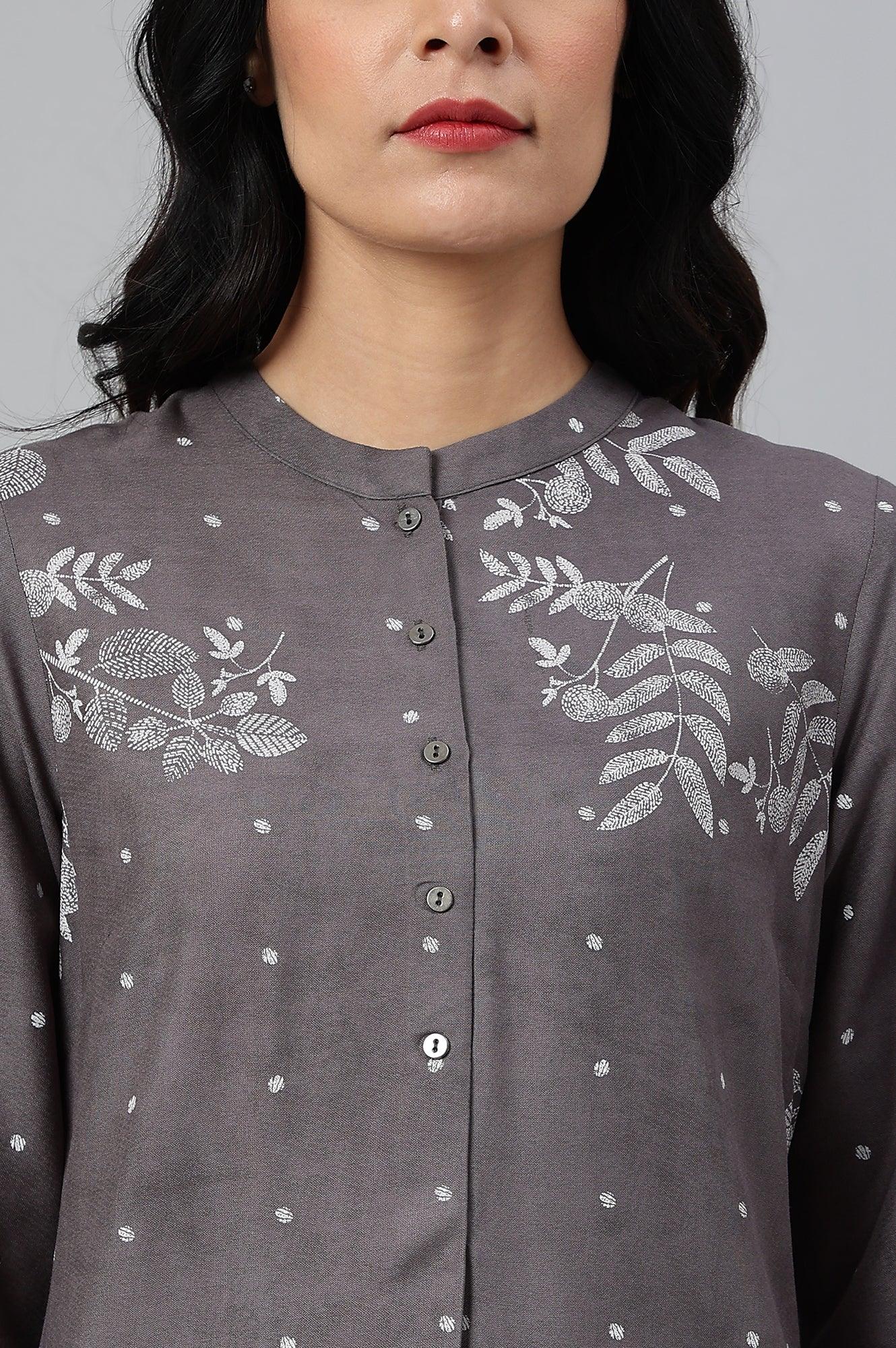 Tornado Grey Printed kurta In Half Placket - wforwoman
