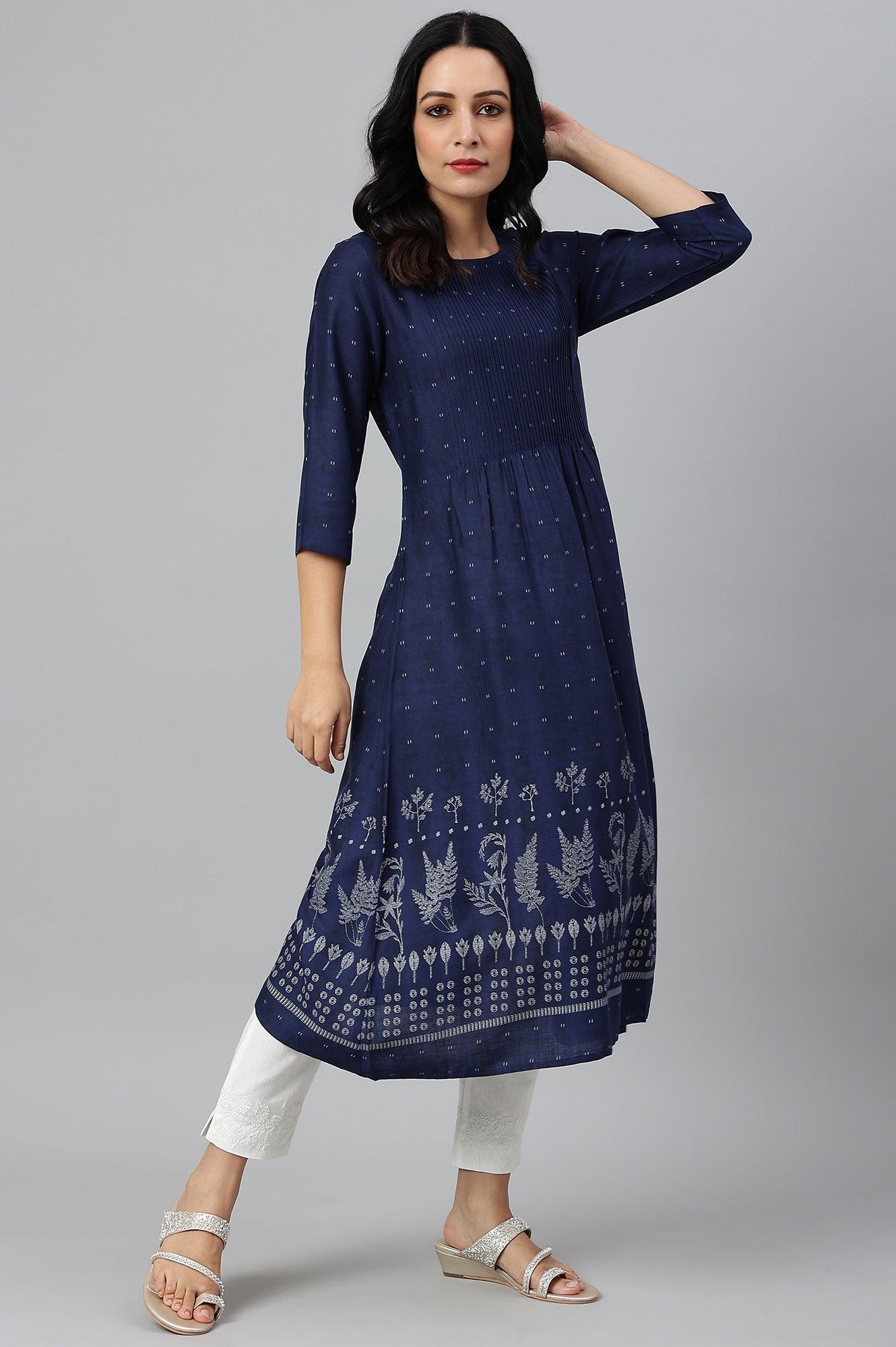 Indo Floral Print A-Line kurta With Pin Tucks - wforwoman