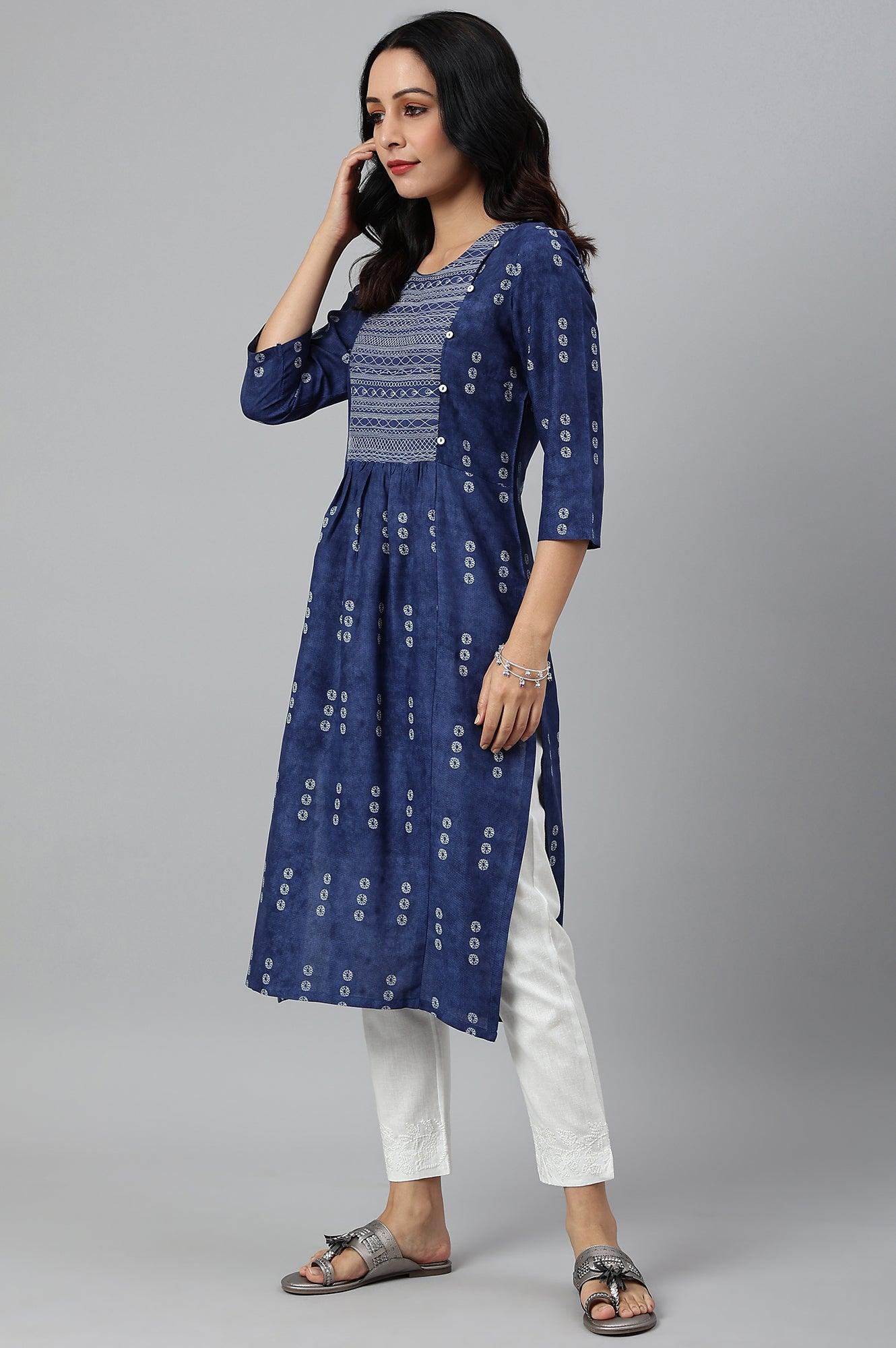 Indigo Thread Embroidered Rayon kurta - wforwoman