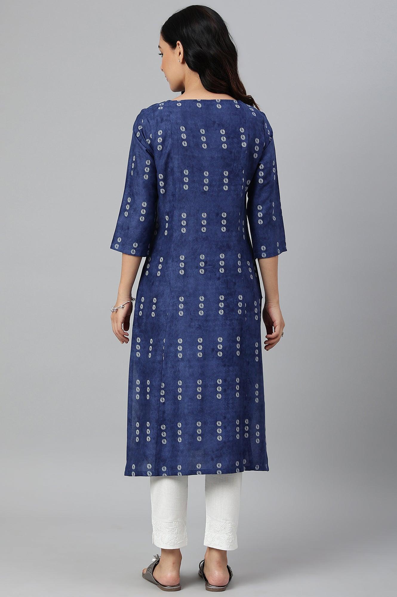 Indigo Thread Embroidered Rayon kurta - wforwoman