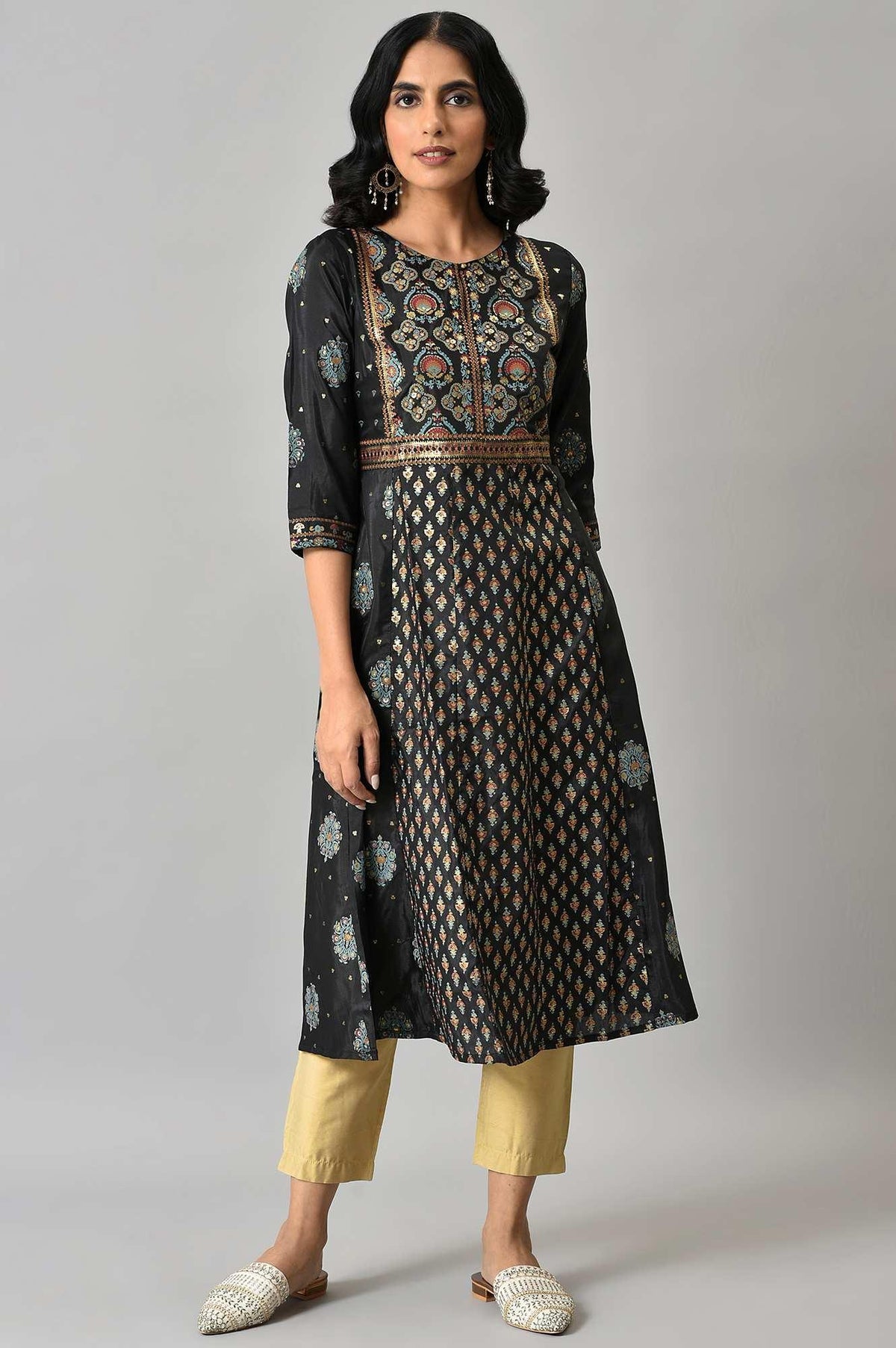 Jet Black Foil Printed Shantung kurta - XS