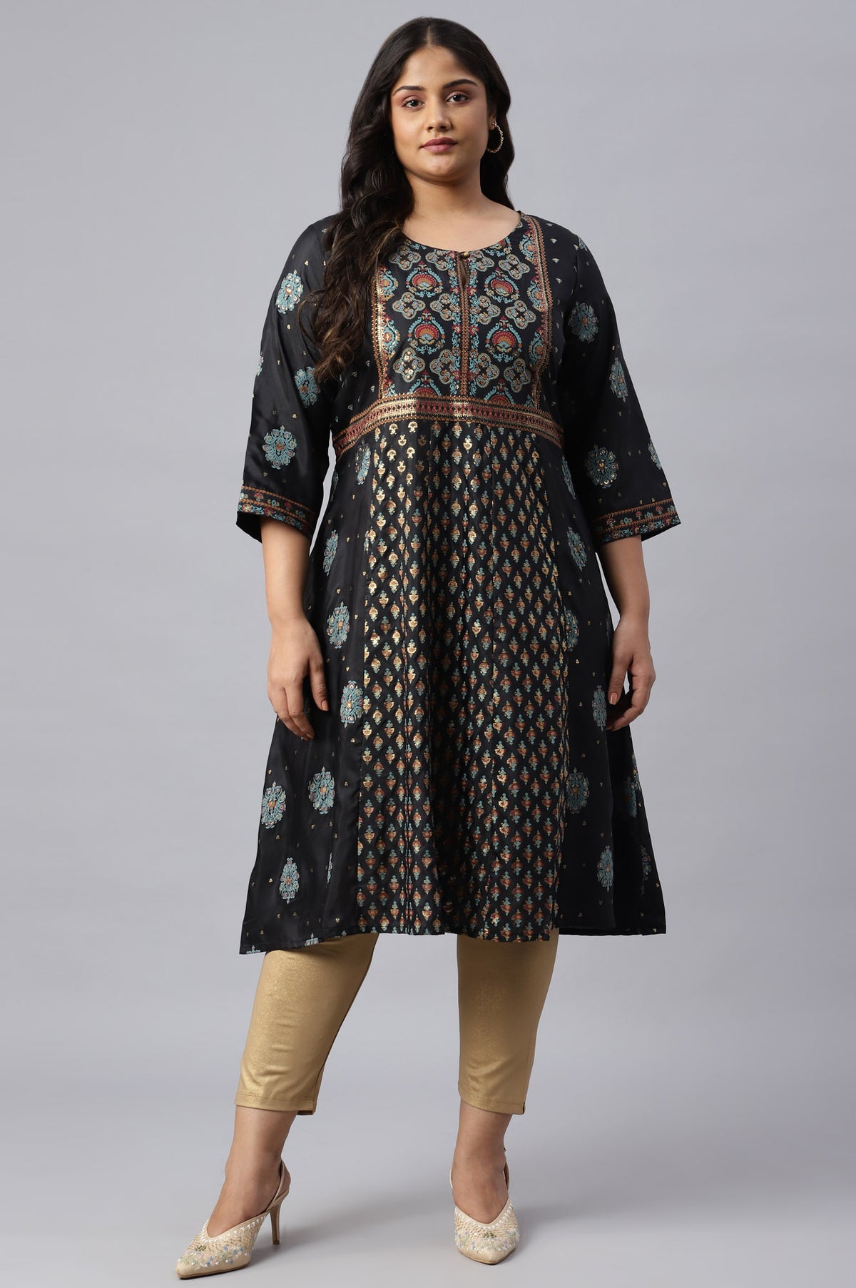 Plus Size Jet Black Foil Printed Shantung kurta - 20