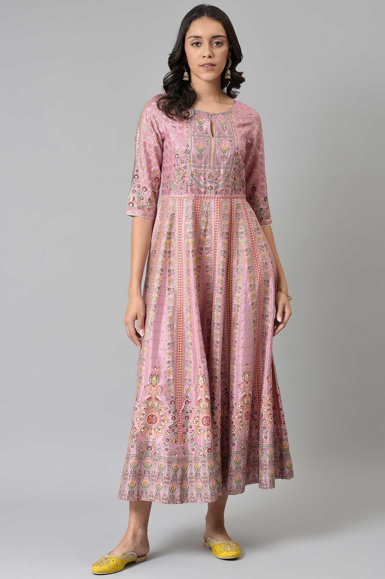 Pink Glitter Printed Kalidar Dress - wforwoman
