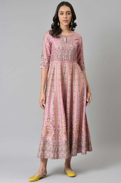 Pink Glitter Printed Kalidar Dress - wforwoman