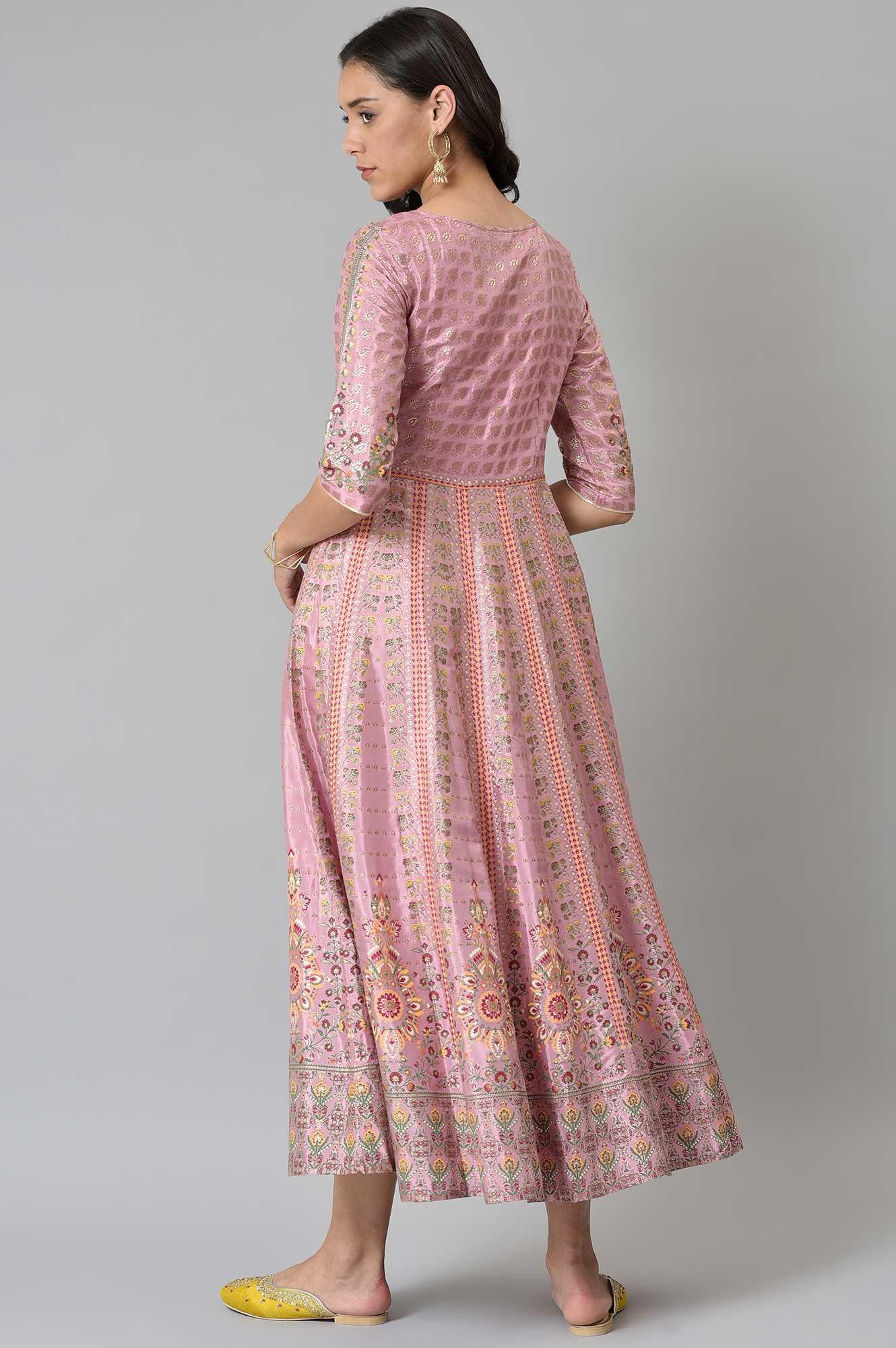 Pink Glitter Printed Kalidar Dress - wforwoman