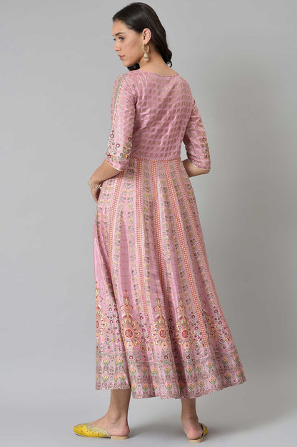 Pink Glitter Printed Kalidar Dress - wforwoman