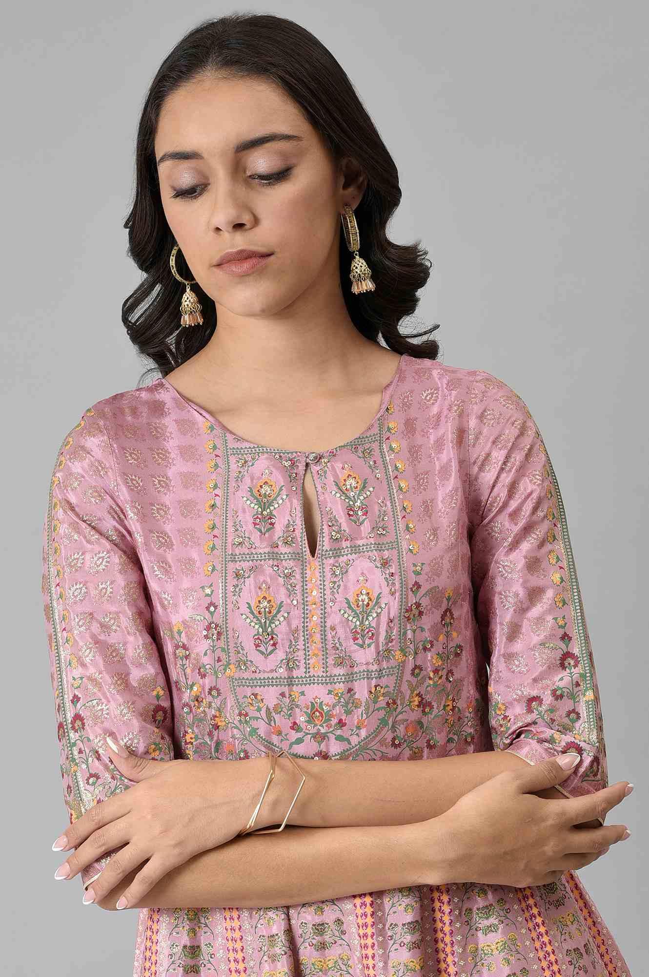Pink Glitter Printed Kalidar Dress - wforwoman