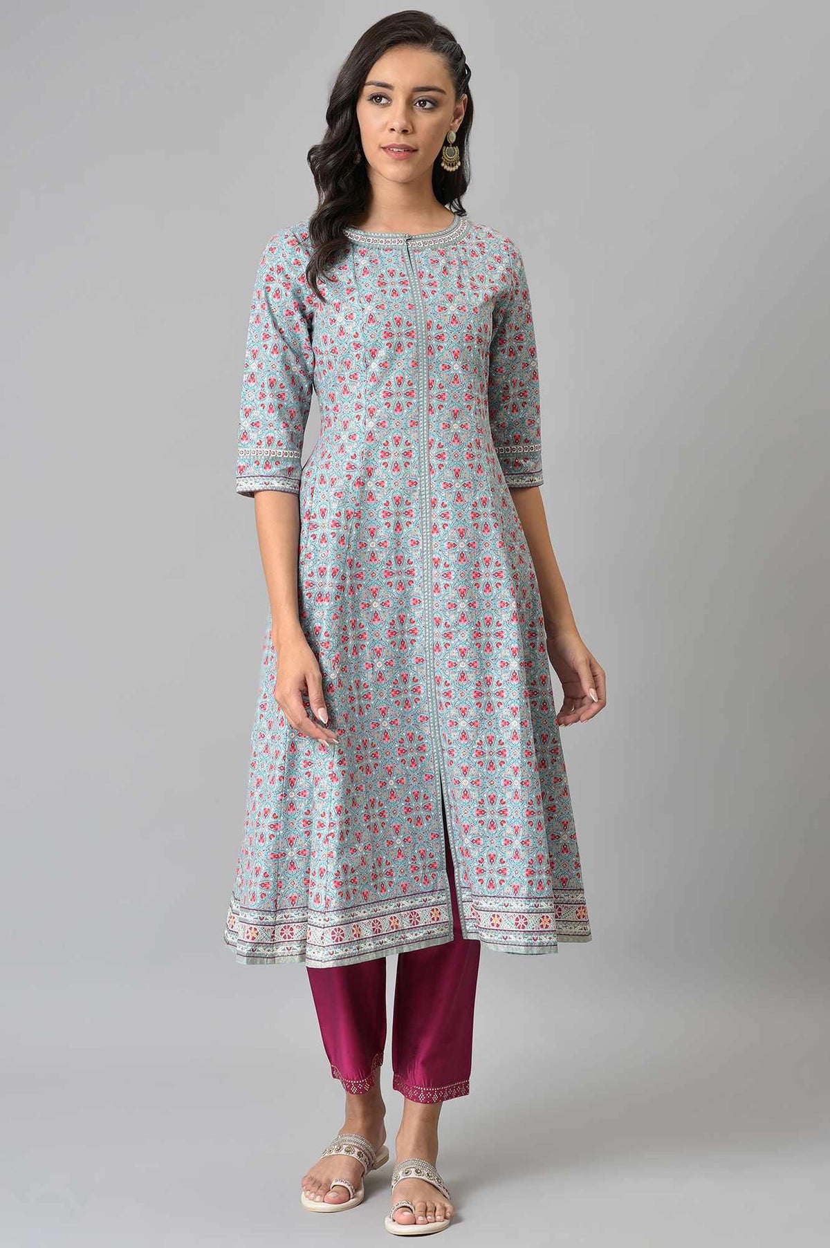Aqua Blue Cotton Printed Flared kurta - XS