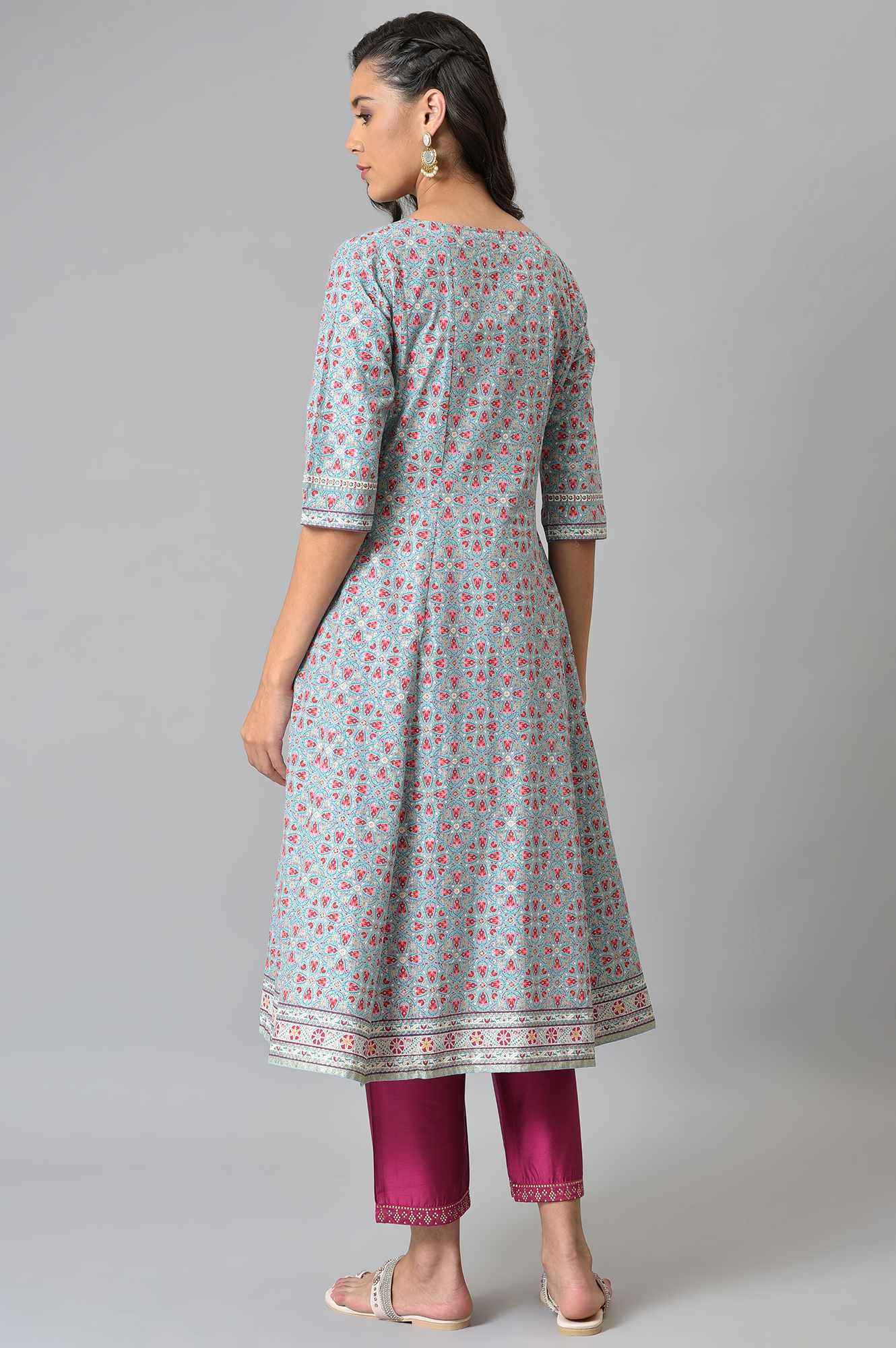 Aqua Blue Cotton Printed Flared kurta - wforwoman