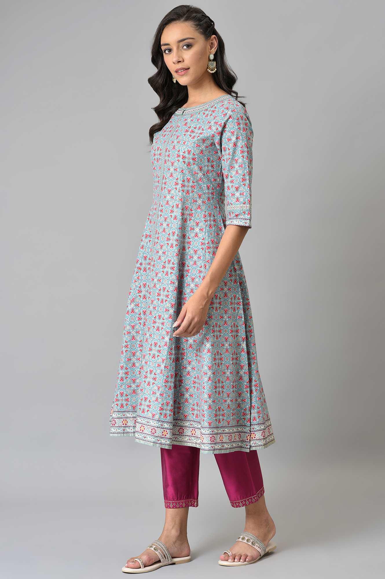 Aqua Blue Cotton Printed Flared kurta - wforwoman