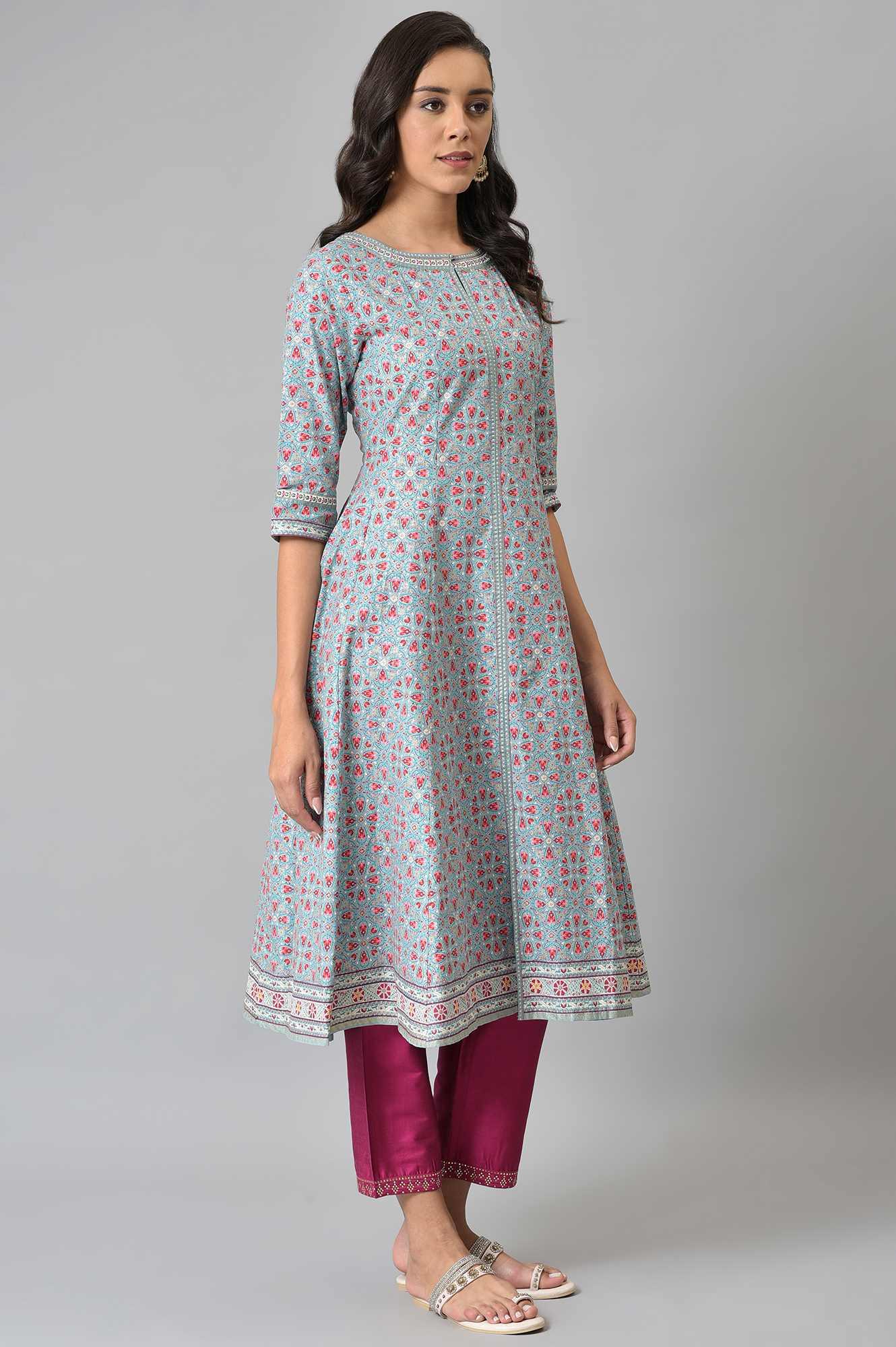 Aqua Blue Cotton Printed Flared kurta - wforwoman
