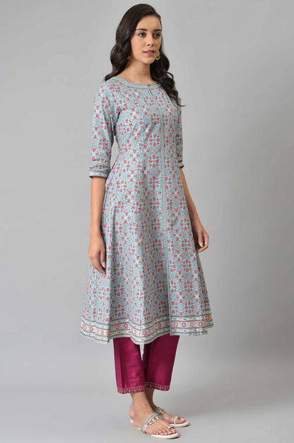 Aqua Blue Cotton Printed Flared kurta - wforwoman
