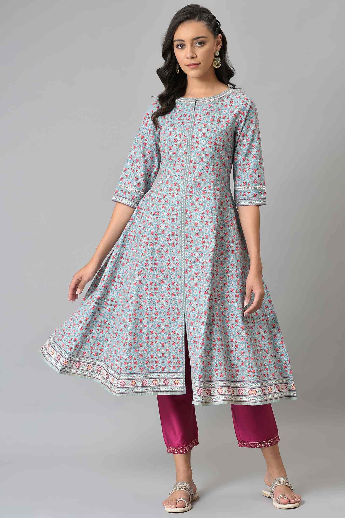 Aqua Blue Cotton Printed Flared kurta - wforwoman