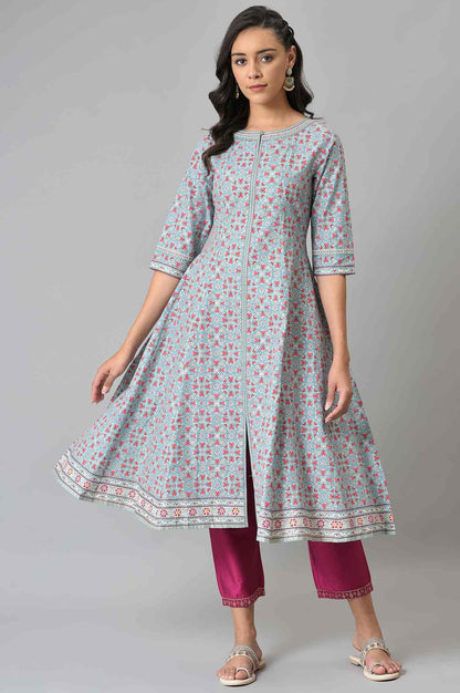 Aqua Blue Cotton Printed Flared kurta - wforwoman