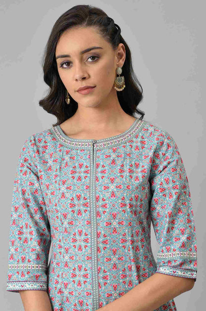 Aqua Blue Cotton Printed Flared kurta - wforwoman