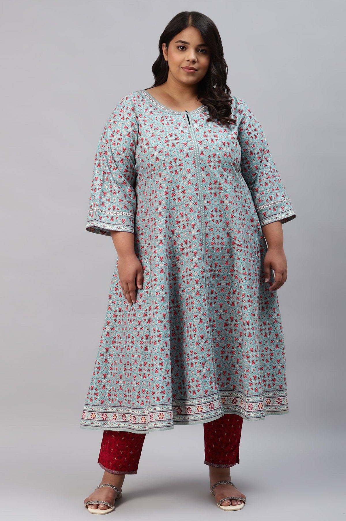 Plus Size Aqua Blue Cotton Printed Flared kurta - 20