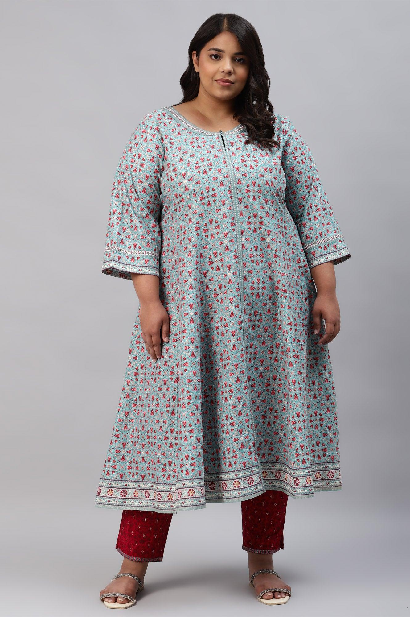 Plus Size Aqua Blue Cotton Printed Flared kurta - wforwoman