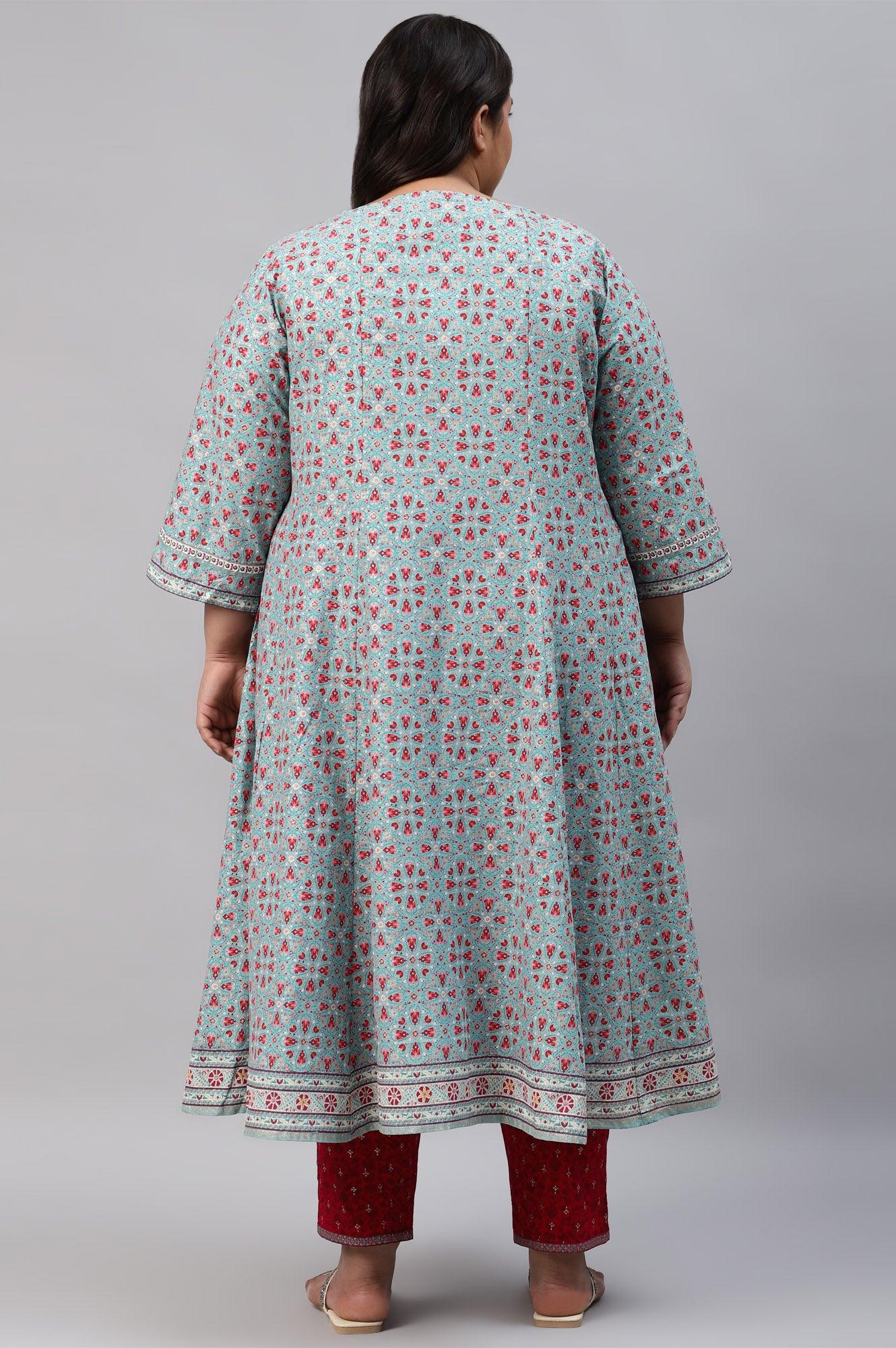 Plus Size Aqua Blue Cotton Printed Flared kurta - wforwoman