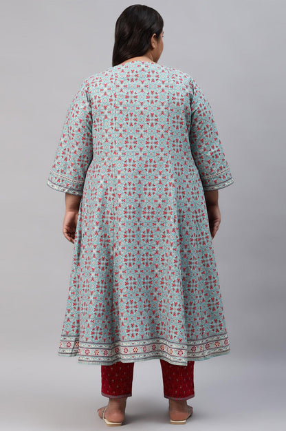 Plus Size Aqua Blue Cotton Printed Flared kurta - wforwoman