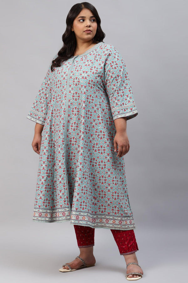 Plus Size Aqua Blue Cotton Printed Flared kurta