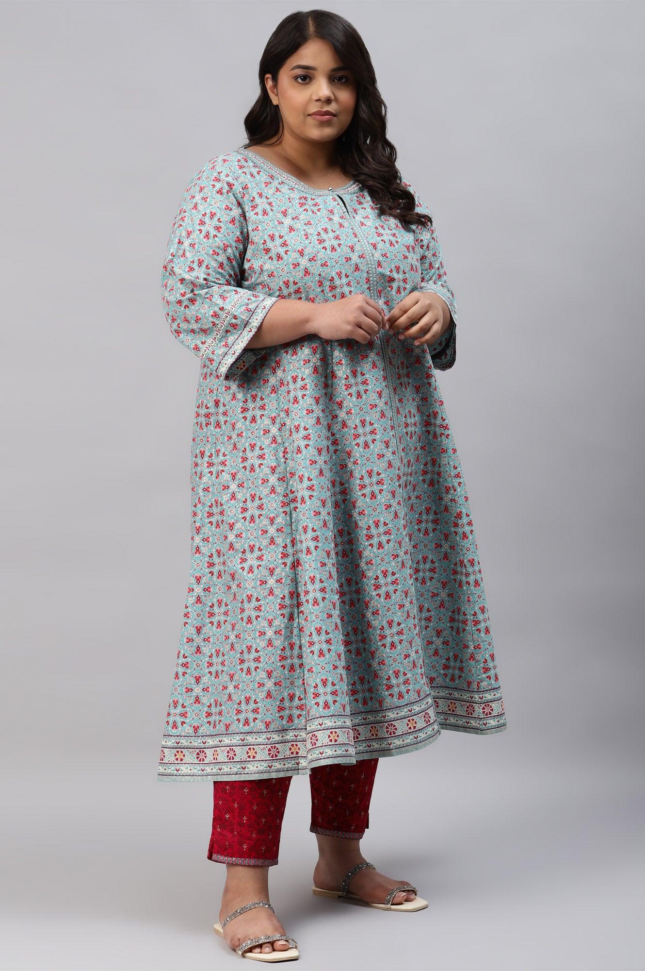 Plus Size Aqua Blue Cotton Printed Flared kurta - wforwoman