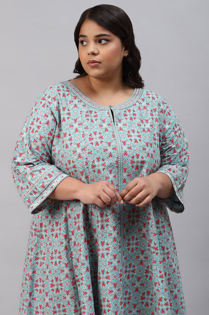 Plus Size Aqua Blue Cotton Printed Flared kurta - wforwoman