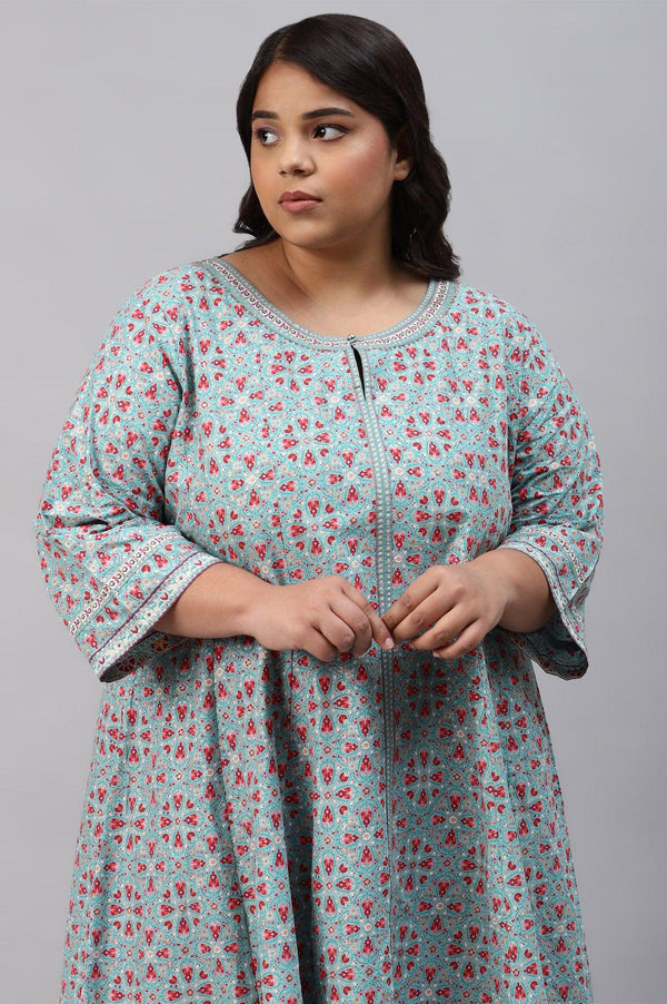Plus Size Aqua Blue Cotton Printed Flared kurta