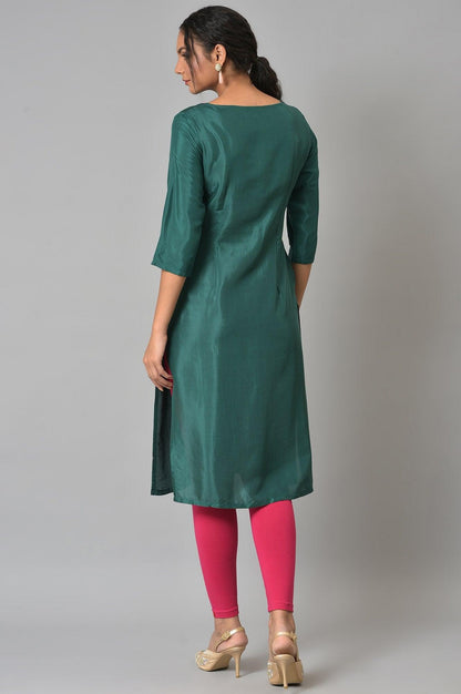 Green Glitter Printed Embroidered kurta - wforwoman