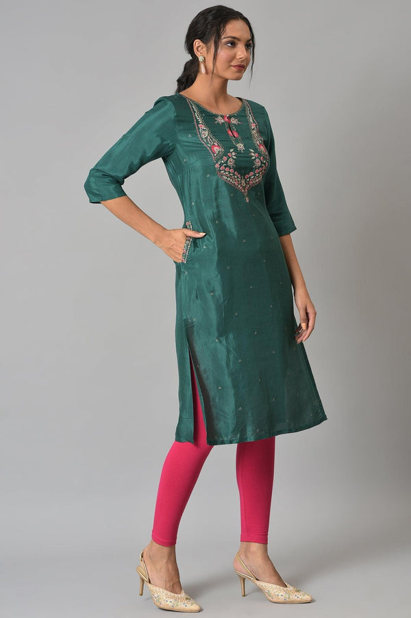 Green Glitter Printed Embroidered kurta