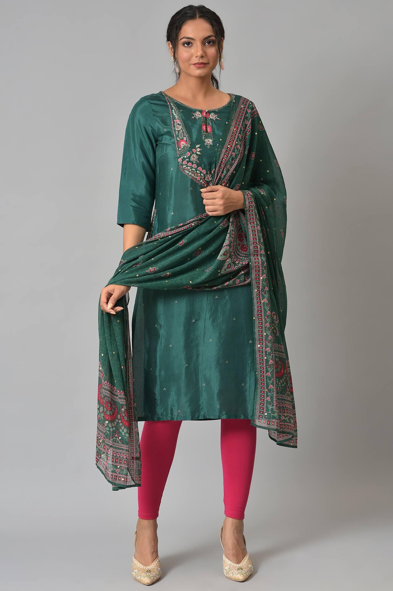 Green Glitter Printed Embroidered kurta - wforwoman