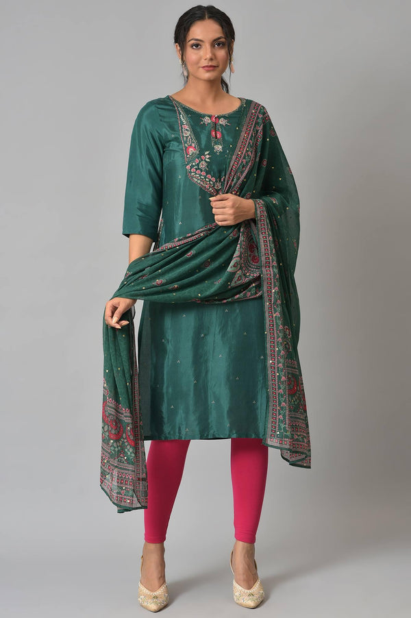 Green Glitter Printed Embroidered kurta