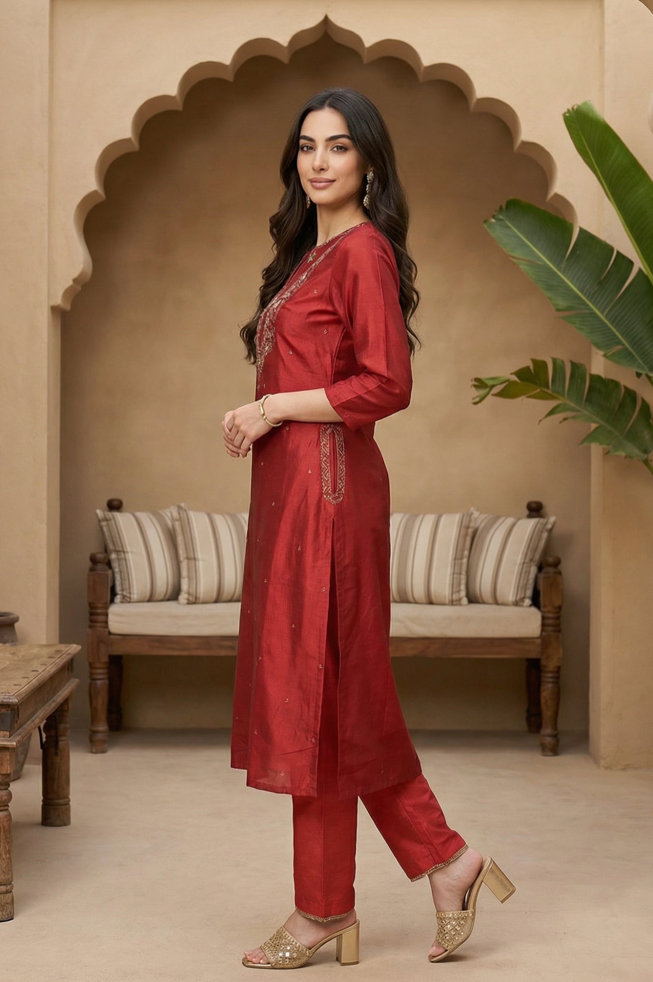 Red Embroidered Shantung kurta