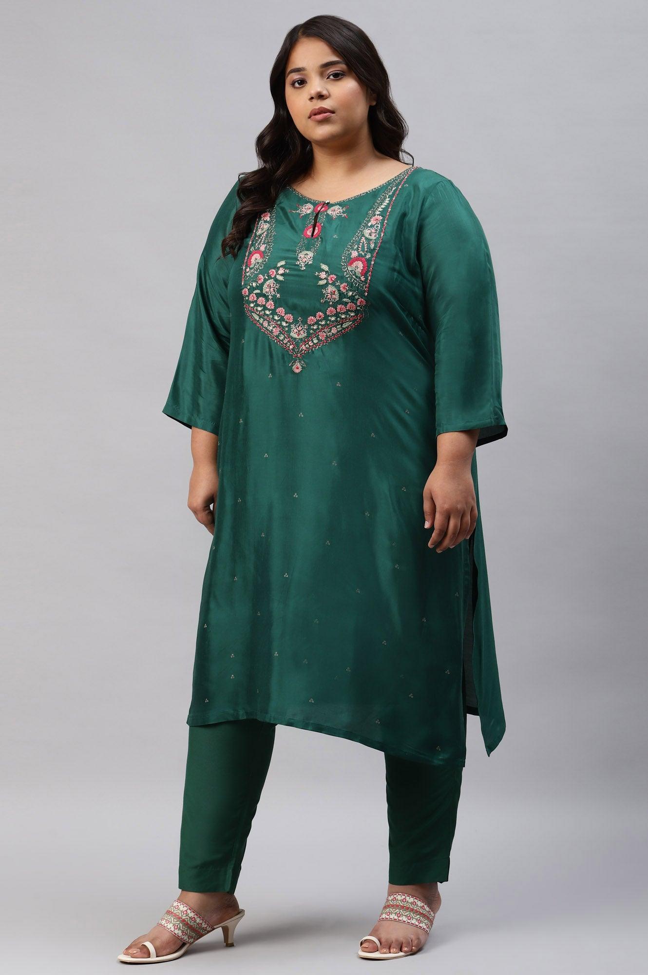 Plus Size Green Glitter Printed Embroidered kurta - wforwoman